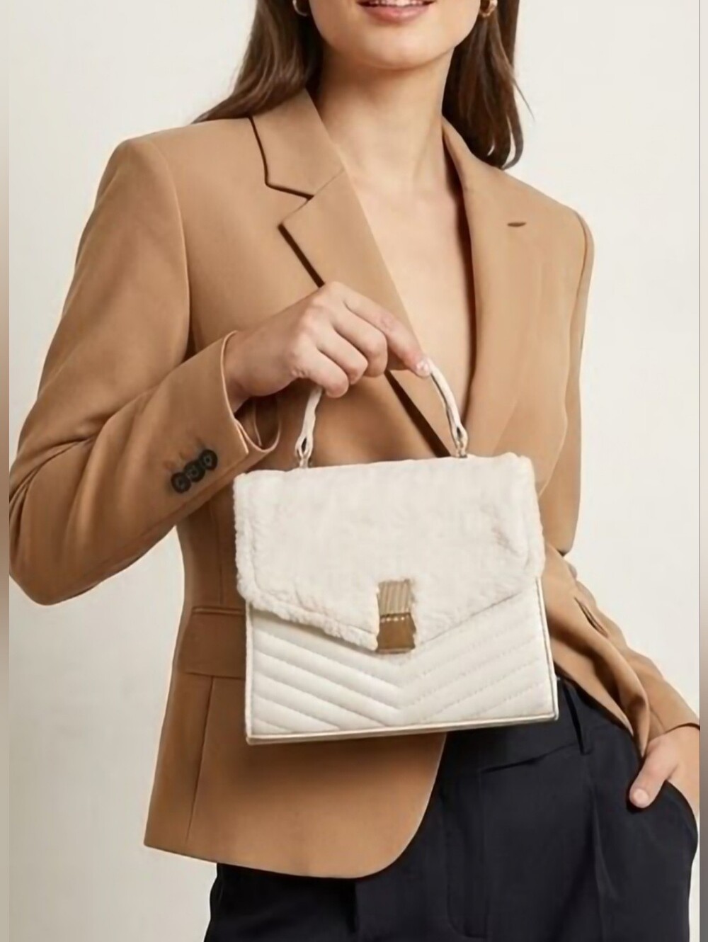 ALDO Plush-Trim Quilted Top-Handle/Crossbody Bag in Ivory 7.5"×7"×3"